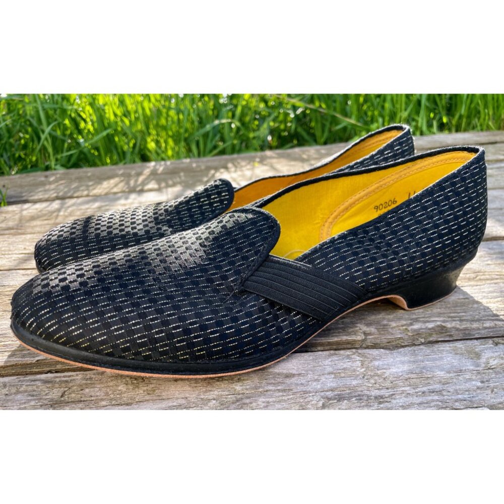 Vintage 1960s Glam Heeled Womens Slipper Black Gold Wellco Sz 11 NOS Wellco - Picture 2 of 15